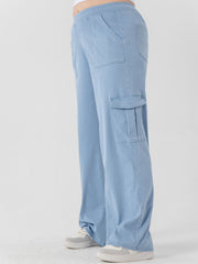 Solid High Stretch Wide Leg Cargo Jeans with Pockets