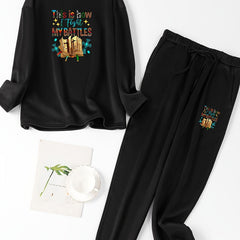 Slogan & Graphic Print 2 Piece Set Long Sleeve Round Neck Pajama