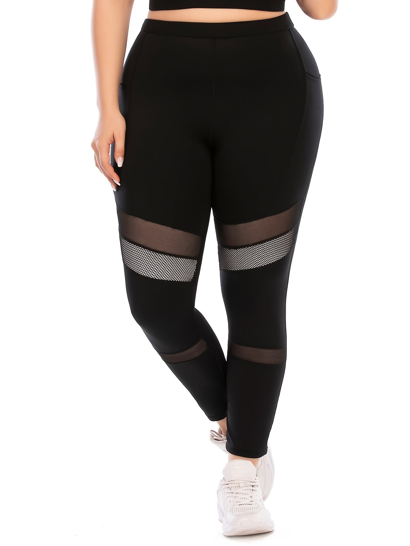 Solid Yoga Sports Leggings With Pocket Women's Plus Medium Stretch