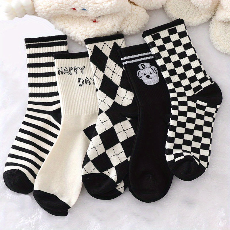 10 Pairs Bear & Plaid Print Socks Mid Tube Women's Stockings
