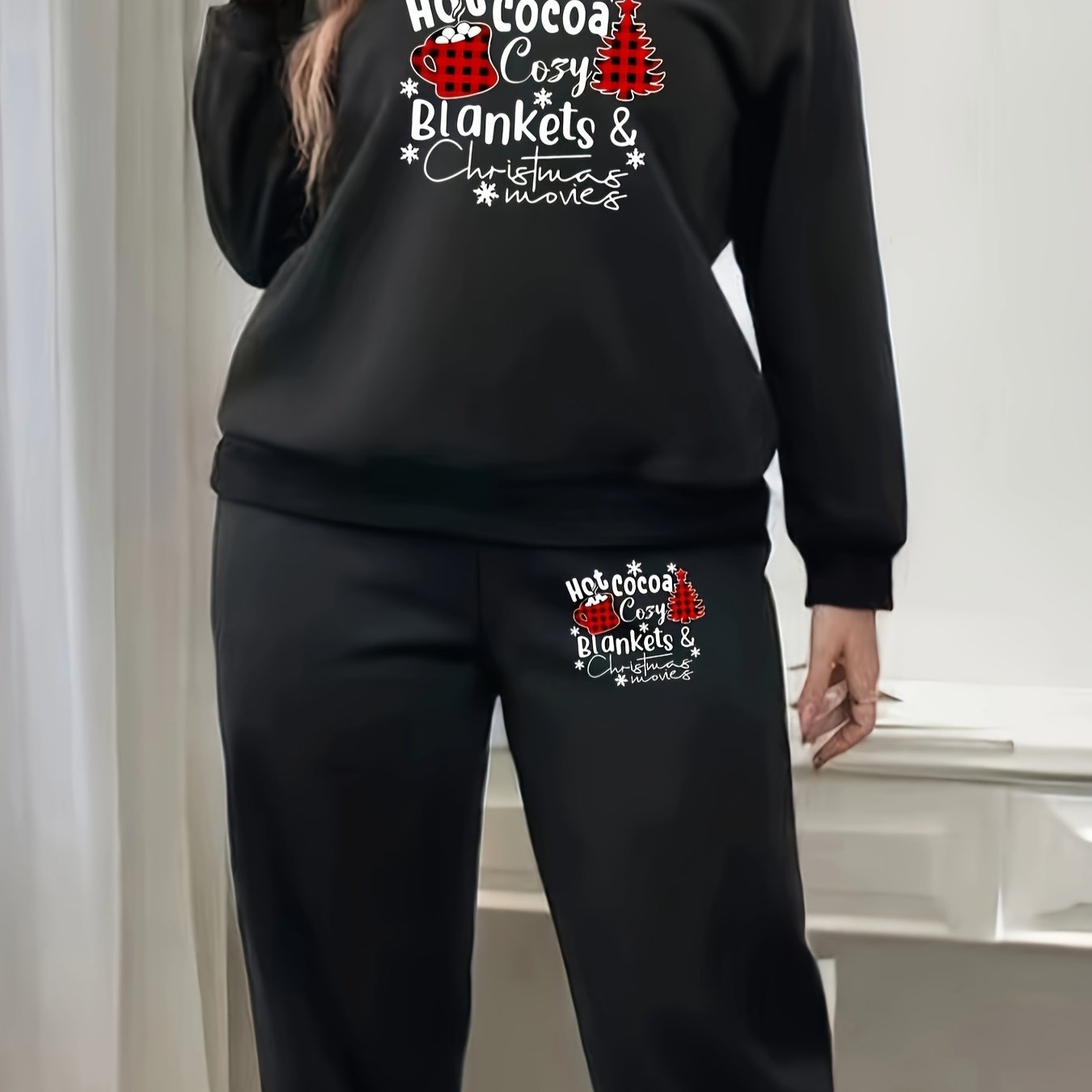 Women's Plus Christmas Tree Print Fleece Pullover & Joggers Set