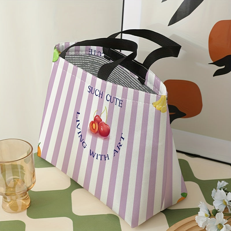 Purple Striped Cherries Lunch Bag Insulated Portable Cooler Bag
