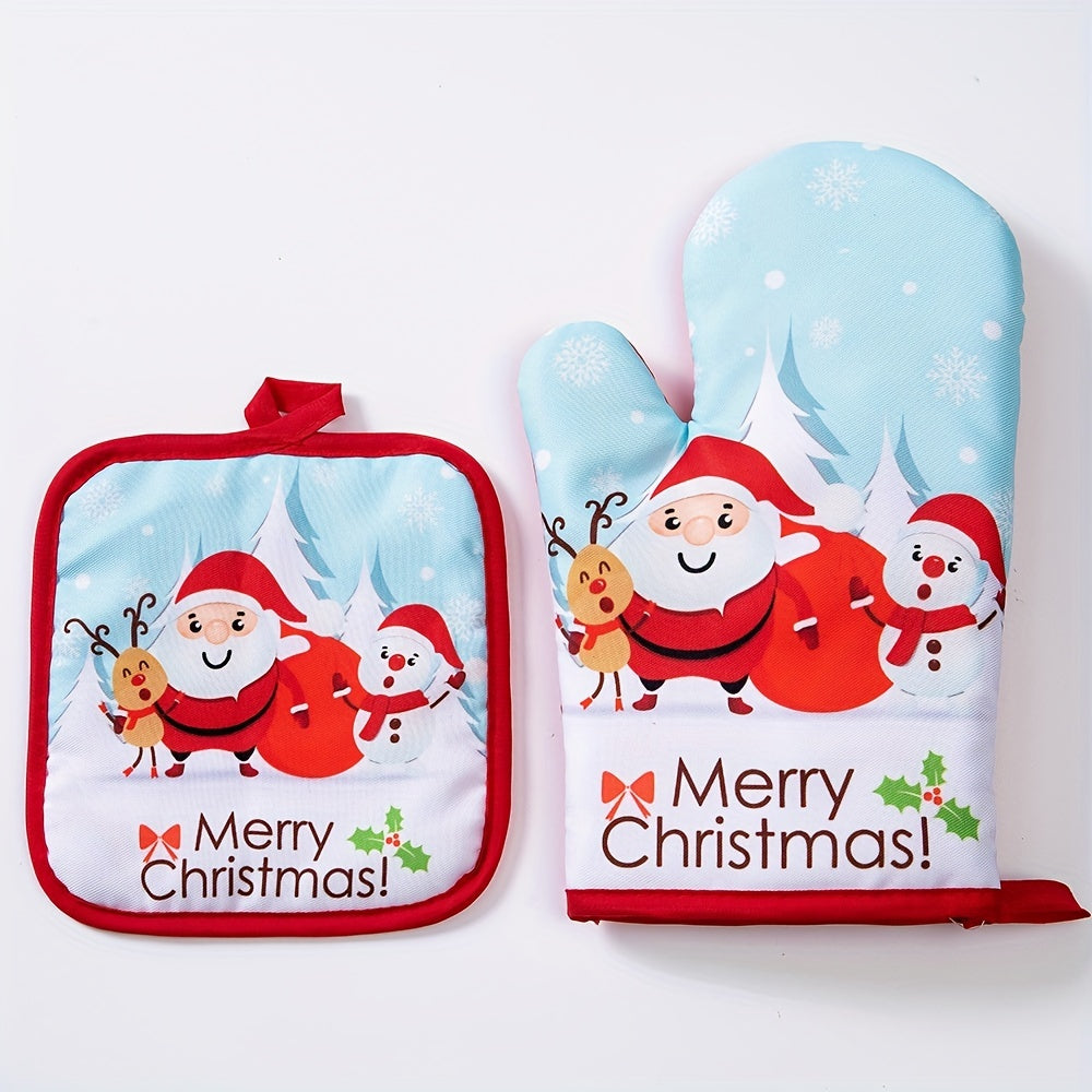 2pcs Merry Christmas Kitchen Gloves Heat Insulation Oven Mitts