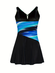 Colorblock Stripe Print V Neck One Piece Swimsuit