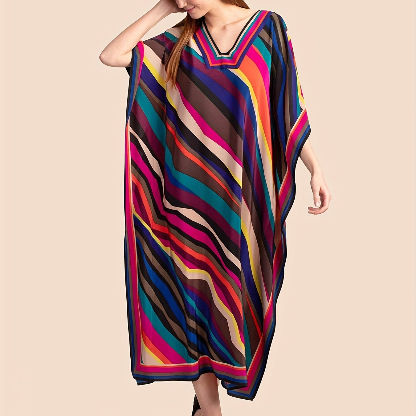 Colorblock Stripe Print V Neck Bat Sleeve Maxi Cover Up