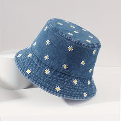 Daisy Embroidery Bucket Hat Distressed Foldable Basin Hat