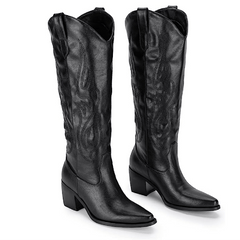 Women's Western Cowboy Boots Chunky Heel Embroidered Wide Calf
