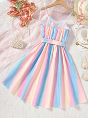Girls' Rainbow V-Neck Dress High Low Belted Cami for Vacation Summer