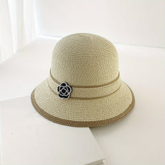 Camellia Straw Sun Hat Striped Bucket Hats Outdoor Travel Beach Hats For Women