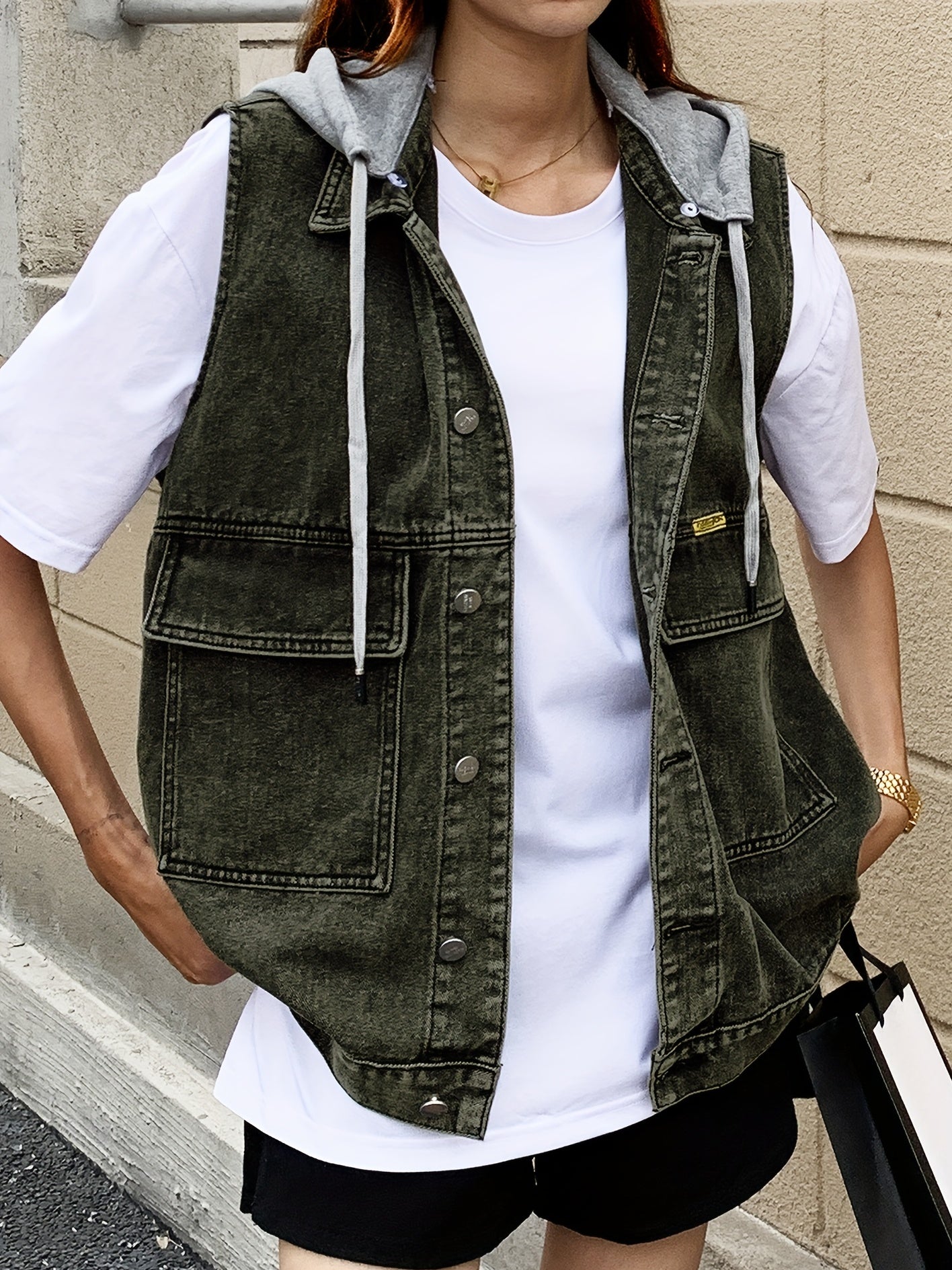 Denim Top Women's Button Front Hooded Vest