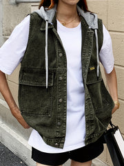 Denim Top Women's Button Front Hooded Vest