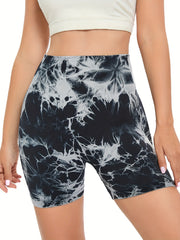 Tie Dye High Waist Yoga Shorts with Wide Waistband - Fitness & Activewear