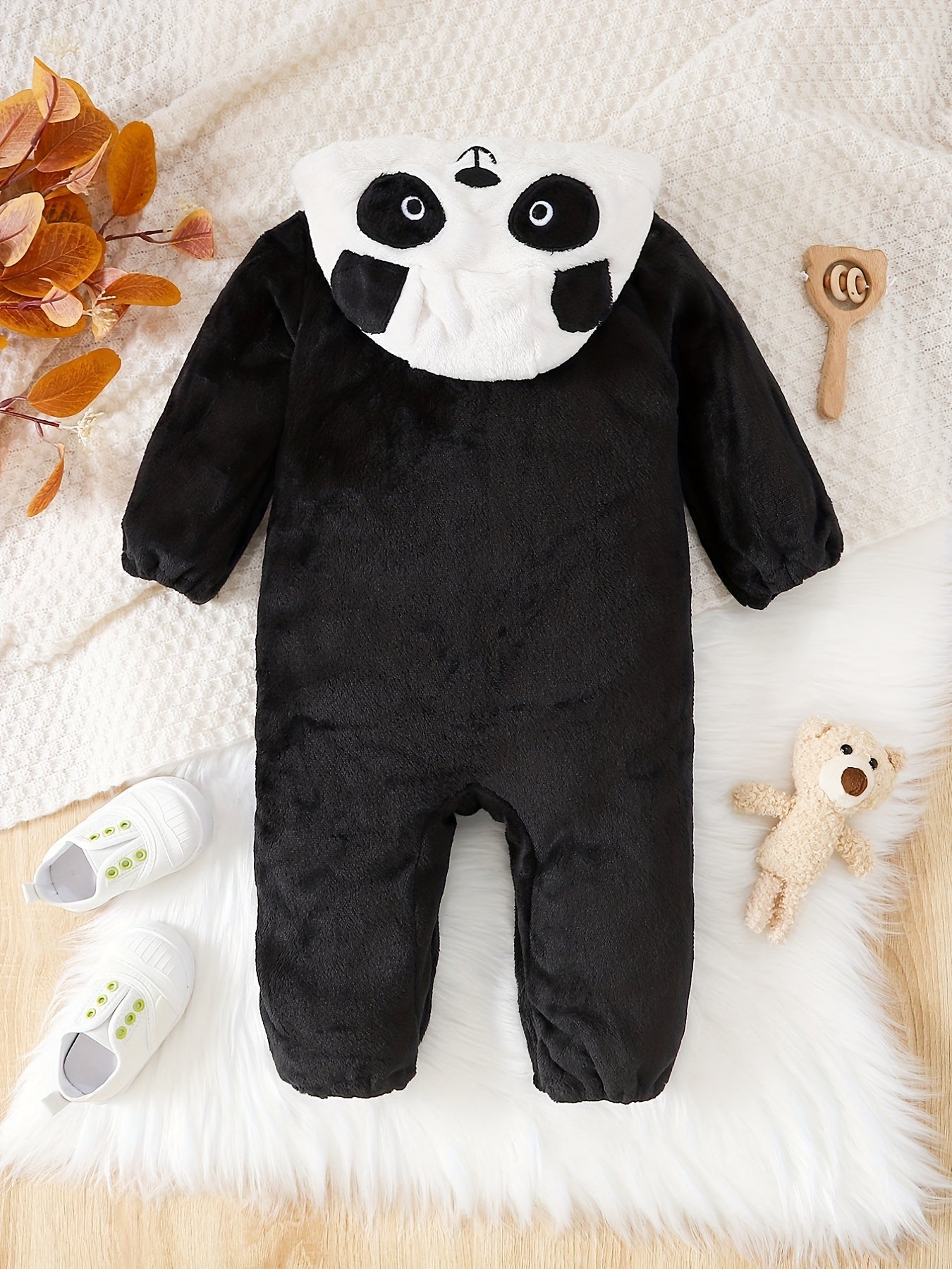Panda Shape Embroidered Long Sleeve Creeper Fleece Zip Up Hood