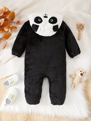 Panda Shape Embroidered Long Sleeve Creeper Fleece Zip Up Hood