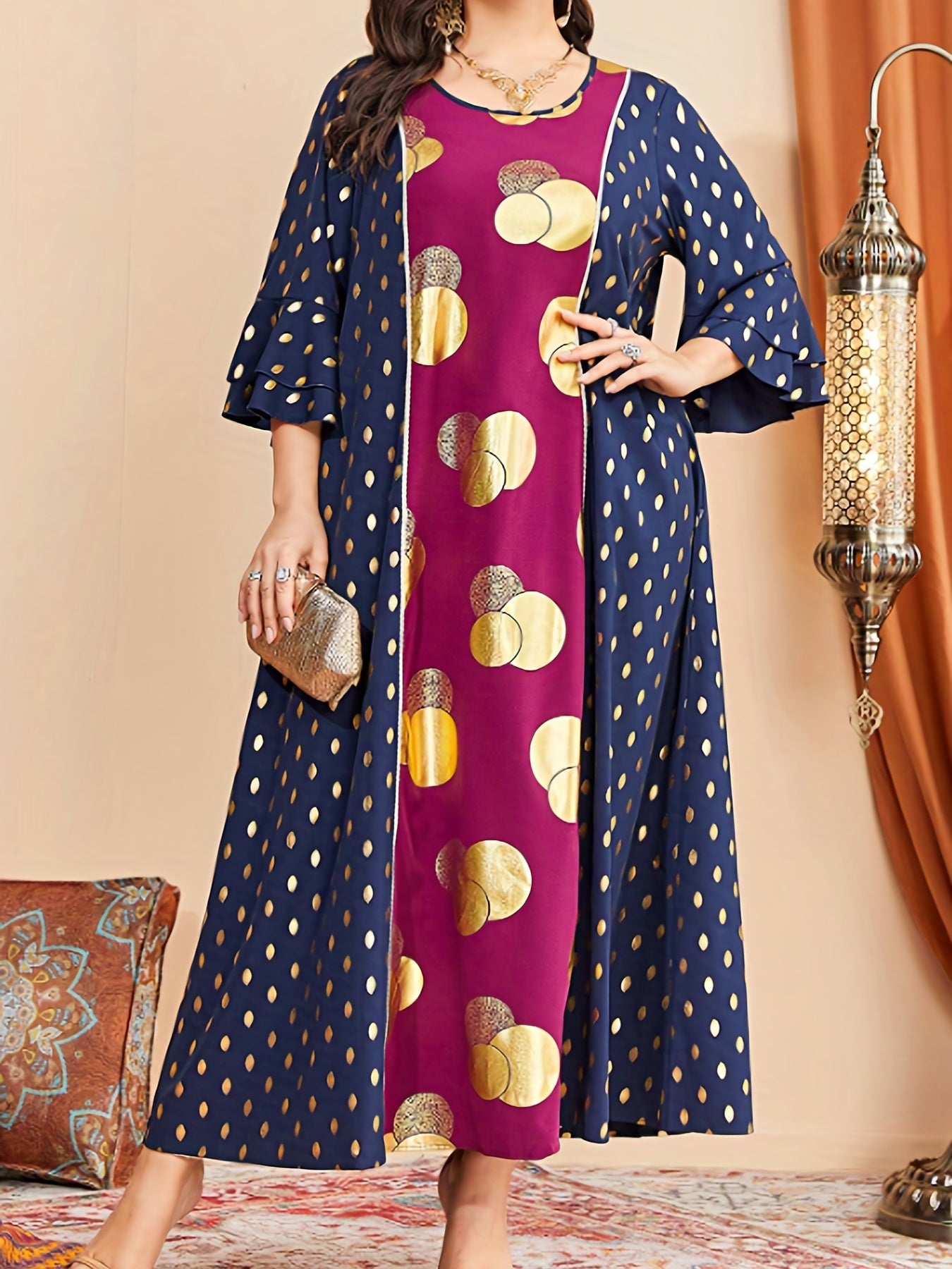 Boho Abaya Dress Women's Plus Golden Dot Print Layered Sleeve Maxi