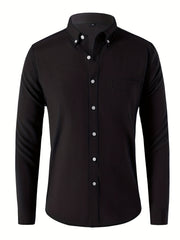 Solid Men's Casual Button Up Long Sleeve Shirt With Pocket