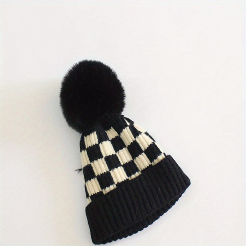 Kids Chessboard Pattern Winter Hat Warm Woolen Baby Accessories
