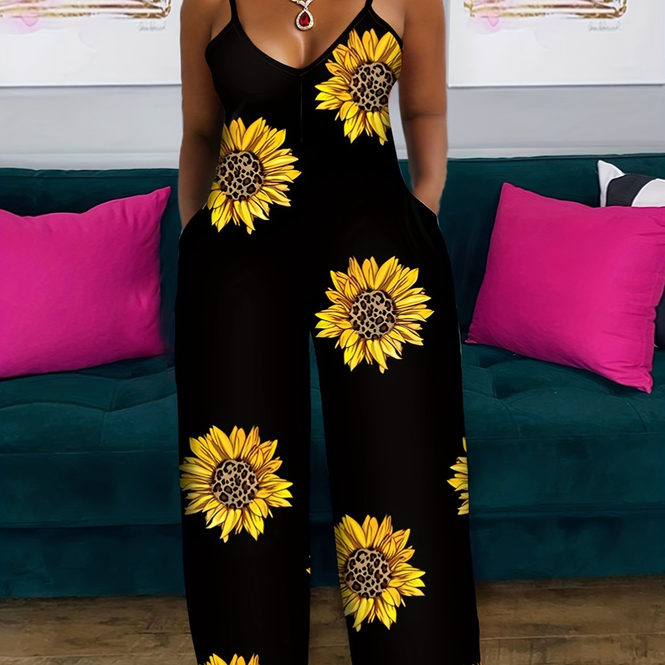 Sunflower Print Spaghetti Strap Jumpsuit Casual Wide Leg Sleeveless Jumpsuit