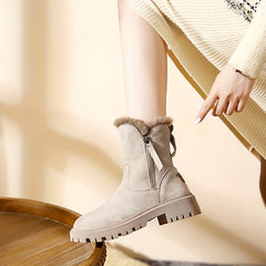 Plush Lined Snow Boots Suede Mid Calf Boots Round Toe Warm Winter Boots