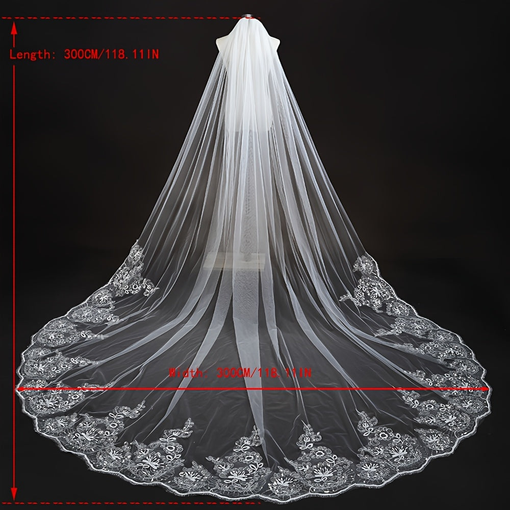 Vintage Wedding Veil Bridal Trail with Floral Lace Edge