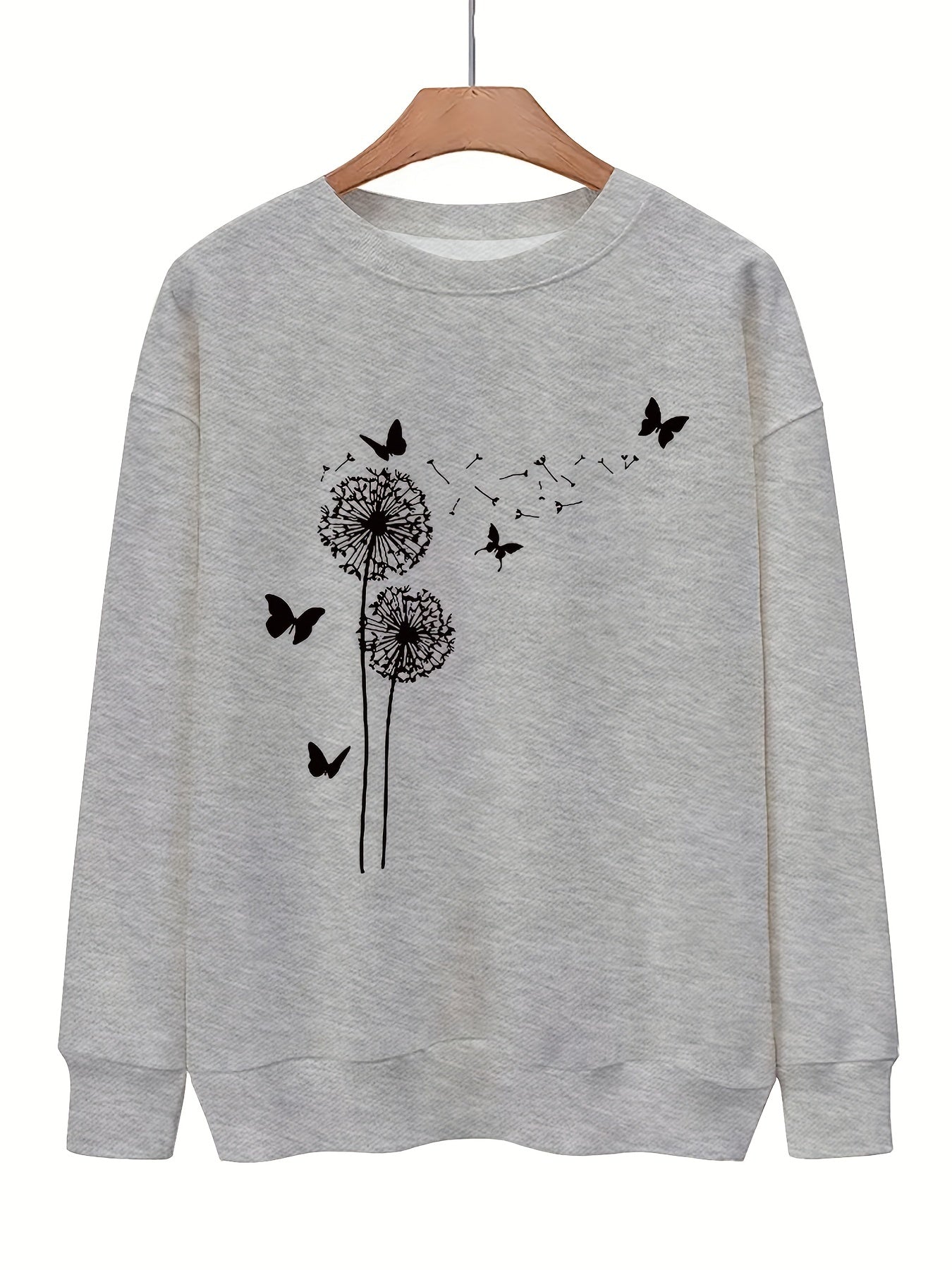 Dandelion & Butterfly Print Sweatshirt Casual Loose Drop Shoulder Sweatshirt