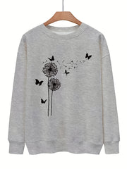 Dandelion & Butterfly Print Sweatshirt Casual Loose Drop Shoulder Sweatshirt