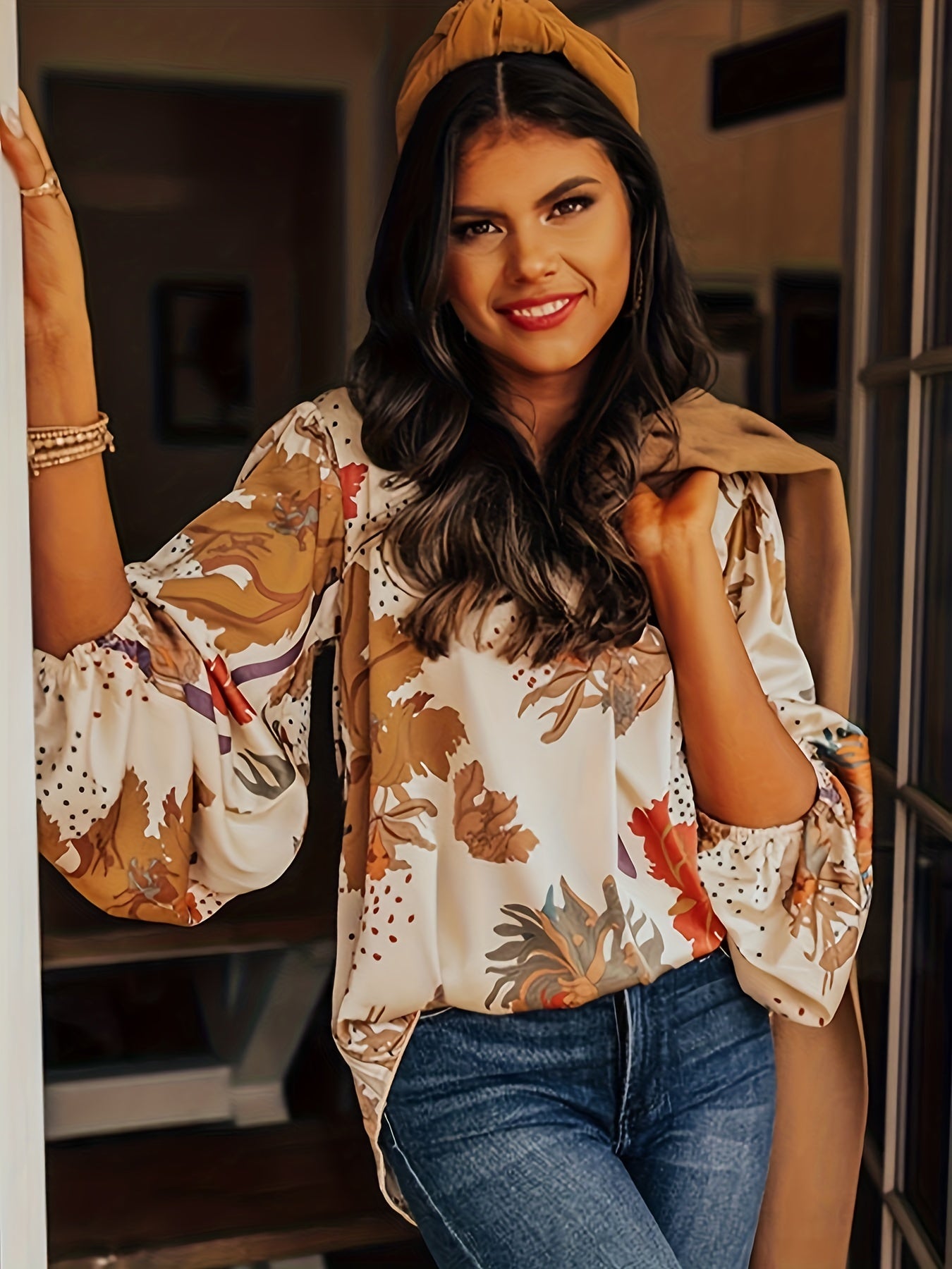 Boho Blouse Women's Plus Floral Dot Lantern Sleeve V Neck Loose