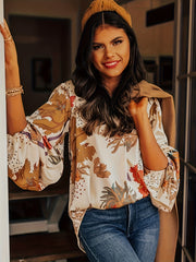 Boho Blouse Women's Plus Floral Dot Lantern Sleeve V Neck Loose
