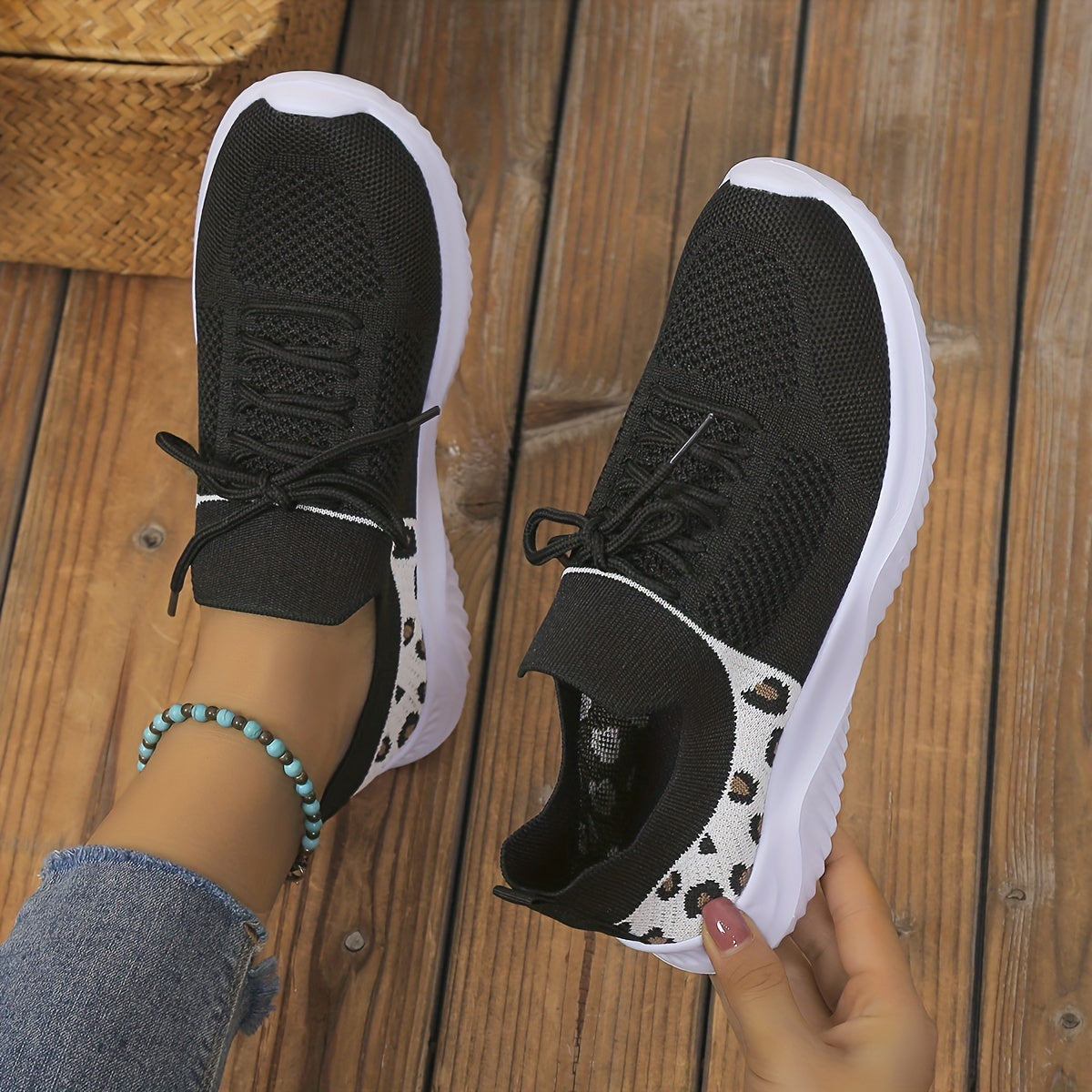 Leopard Lace-up Sneakers Mesh Sport Running Shoes