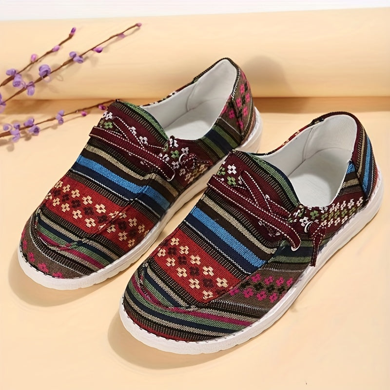 Floral & Stripe Graphic Boat Shoes Lace Up Flat Shoes Ethnic Style