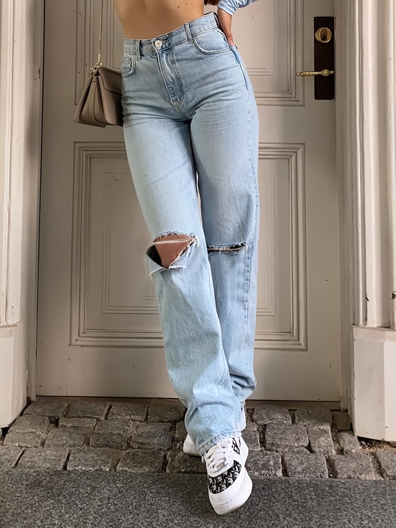 Ripped High Rise Straight Leg Jeans