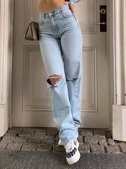 Ripped High Rise Straight Leg Jeans