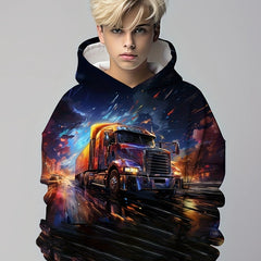 3D Truck Print Hoodie For Kids Casual Pullover Hooded Long Sleeve Top
