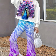 Girls Peacock Graphic 2pcs Outfits Comfy Sets For Spring Fall Sports Gift