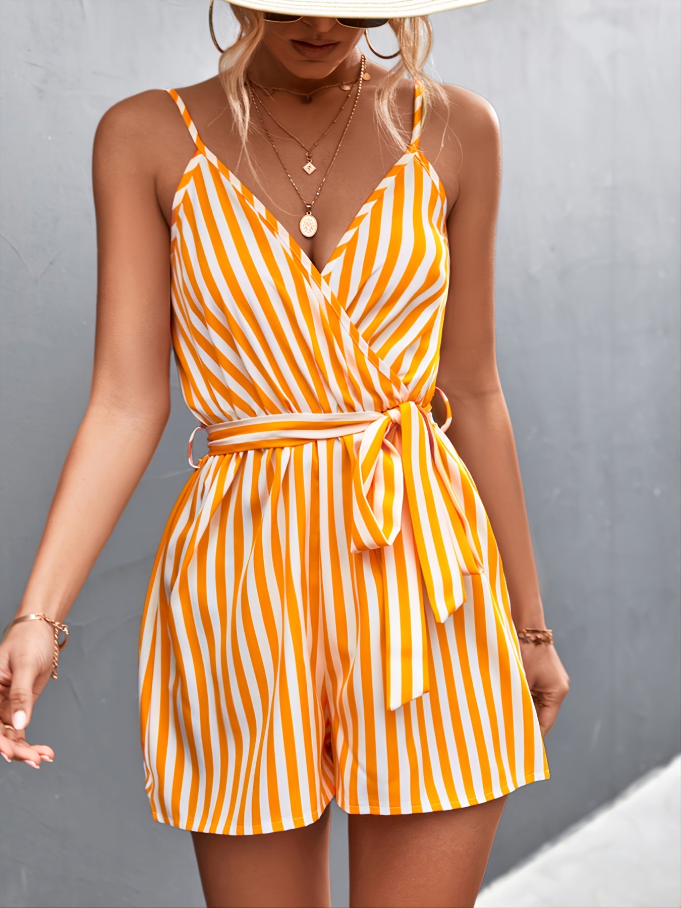 Striped V Neck Belted Suspender Jumpsuit