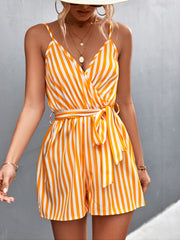 Striped V Neck Belted Suspender Jumpsuit