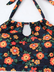 Floral Print Backless Halter Bikini Set