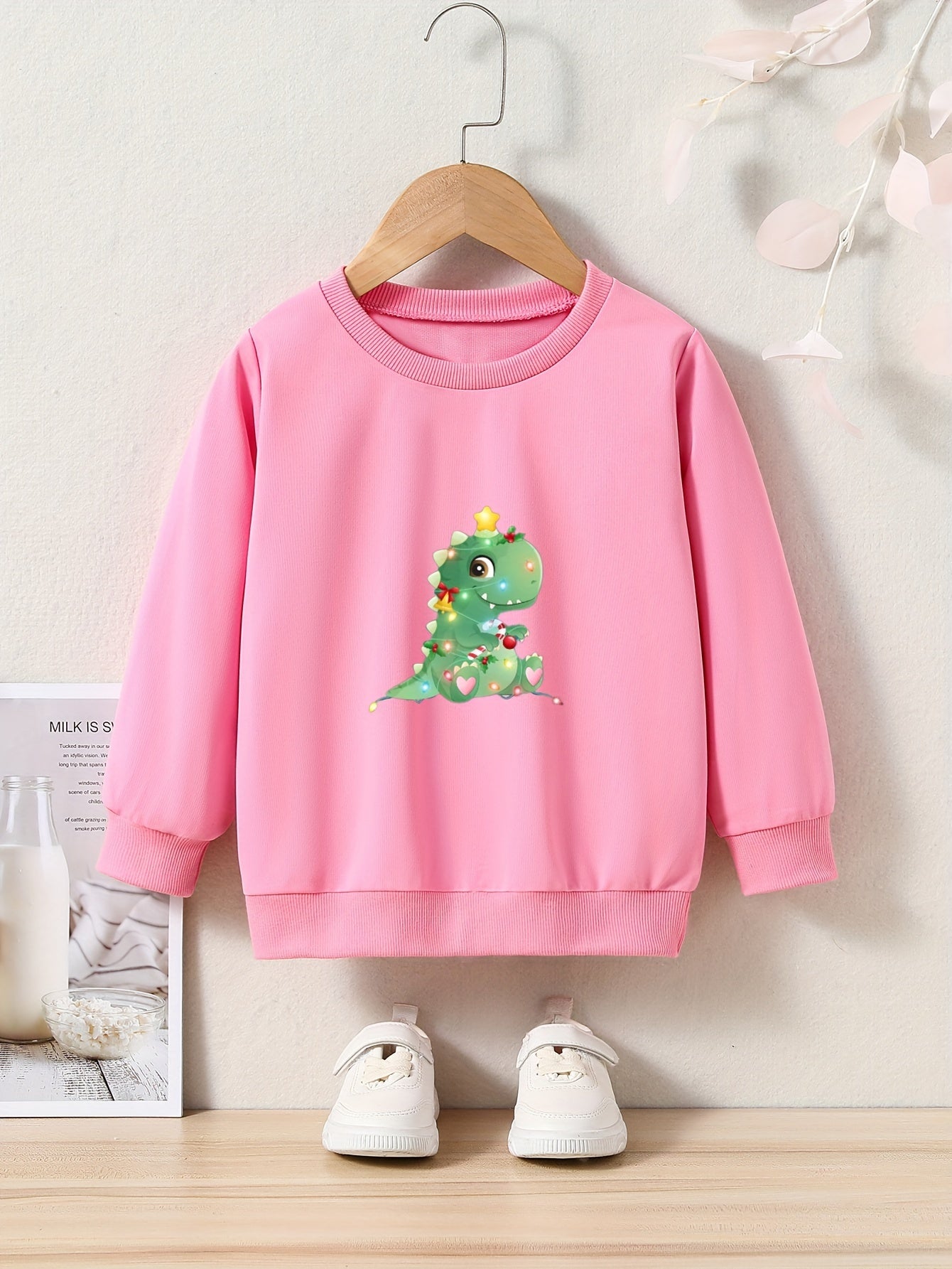Christmas Cartoon Dinosaur Print Girls Casual Pullover Sweatshirt