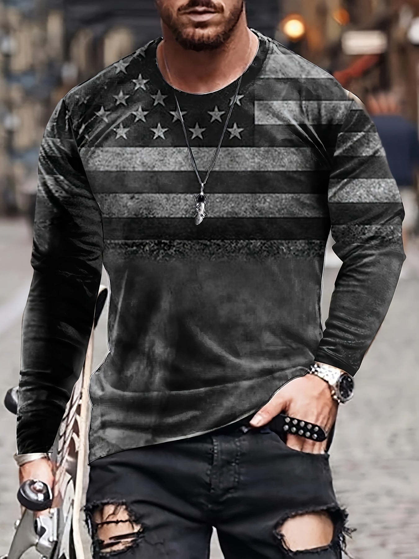 Men's 3D American Flag Long Sleeve T-shirt