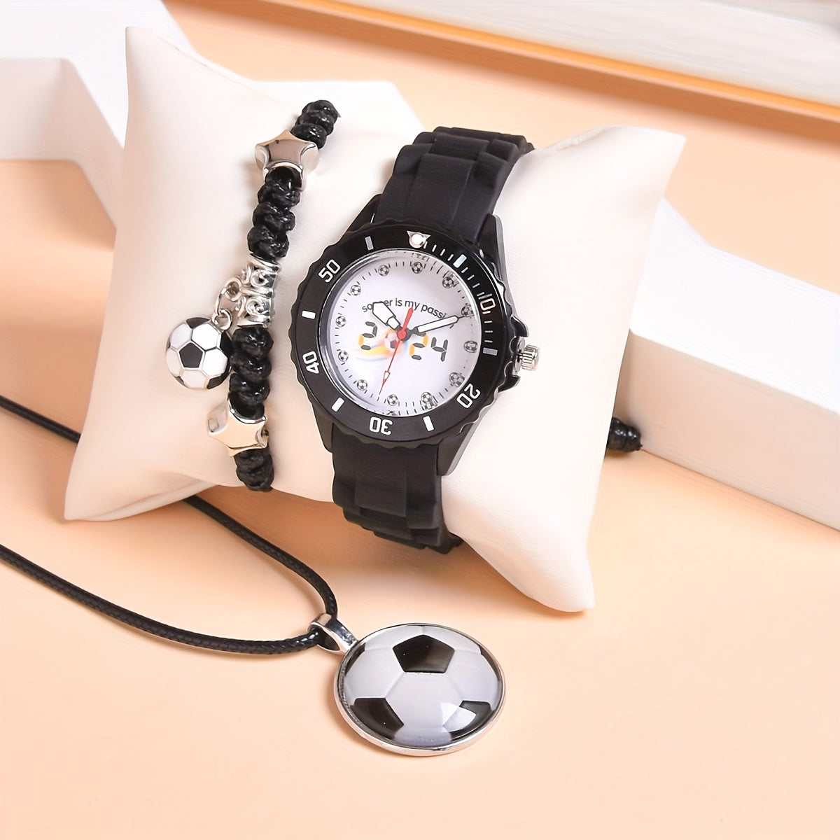 3pcs Boys' Silicone Football Watch Set Sports Quartz Wristwatch