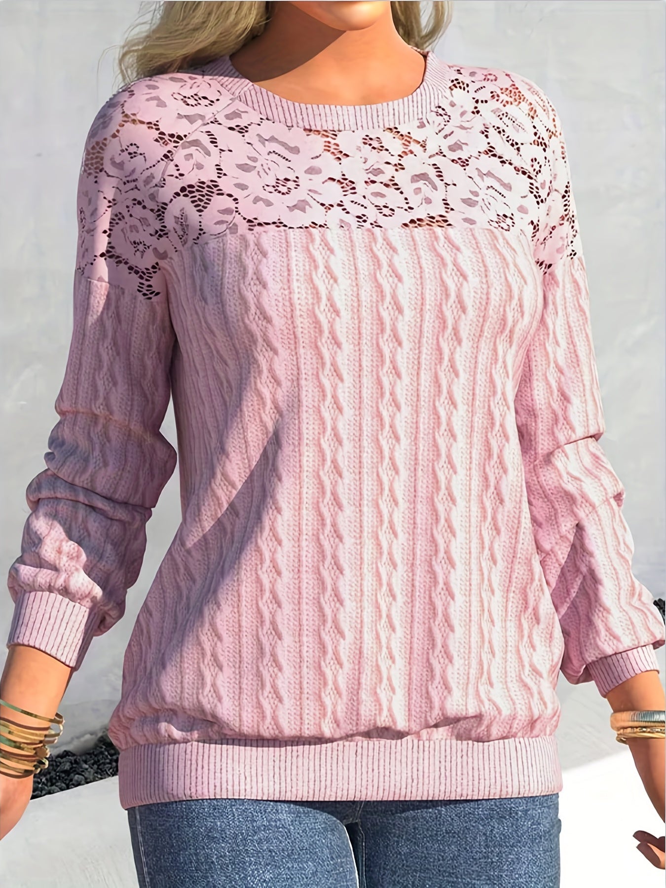 Lace Sleeve Knit Top - Round Neck