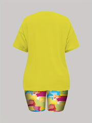 Cross Print Tee & Shorts Set Casual 2pcs Outfits Women's Clothing