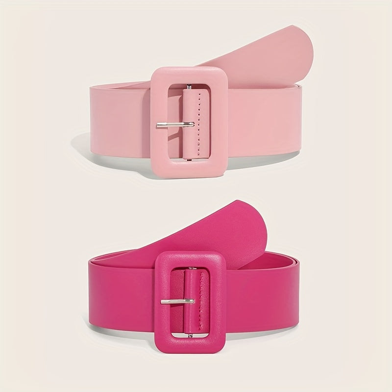 Pink PU Wide Belt Square Buckle Decorative Waistband For Women