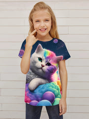 Tie Dye Kitty Graphic T shirt Girls Short Sleeve Top