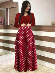 Polka Dot High Waist Maxi Dress Long Sleeve Crew Neck Women's Clothing