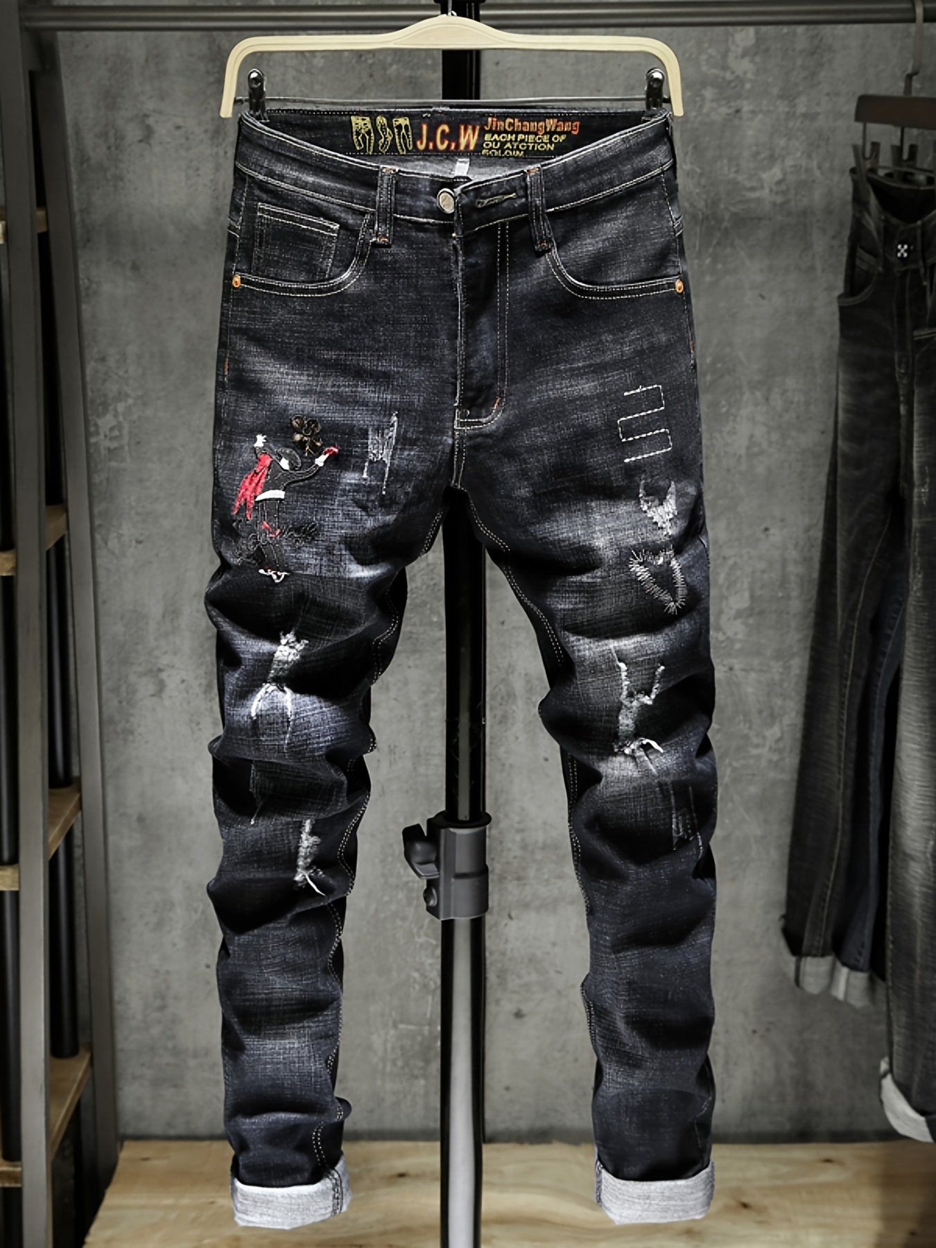 Men's Embroidered Print Denim Jeans Slim Straight Stretch Pants