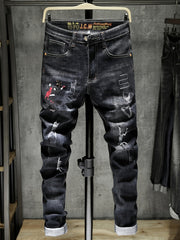 Men's Embroidered Print Denim Jeans Slim Straight Stretch Pants