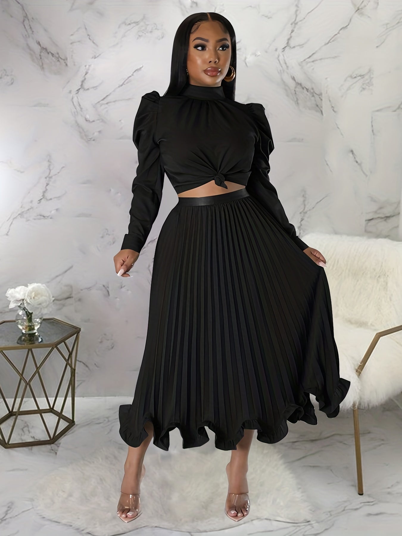Puff Sleeve Top & Pleated Skirt Set Women's Outfit