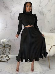 Puff Sleeve Top & Pleated Skirt Set Women's Outfit
