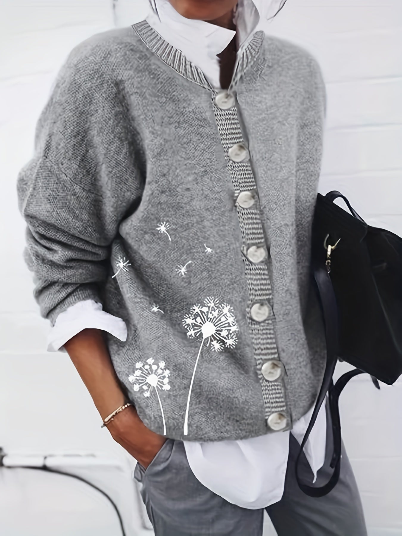 Dandelion Pattern Button Up Cardigan Long Sleeve Sweater